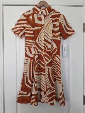 London Times Linen Blend Orange and Cream Abstract Midi Shirt Dress